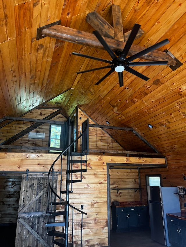 interior space with wood ceiling and wooden walls