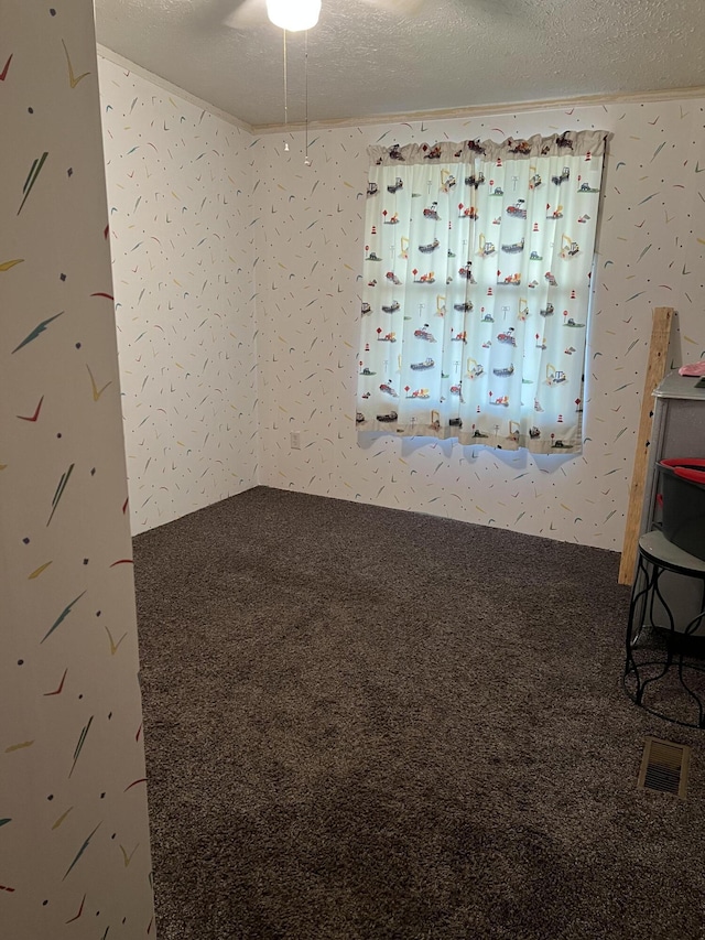 carpeted empty room featuring visible vents and a textured ceiling