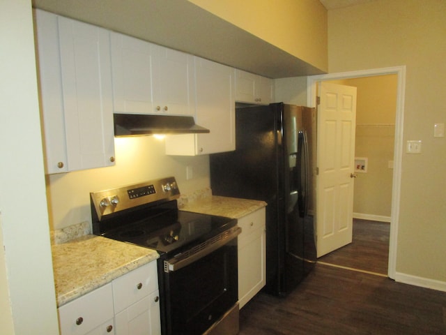 kitchen with white cabinets, dark wood-type flooring, light stone countertops, stainless steel electric range oven, and black refrigerator