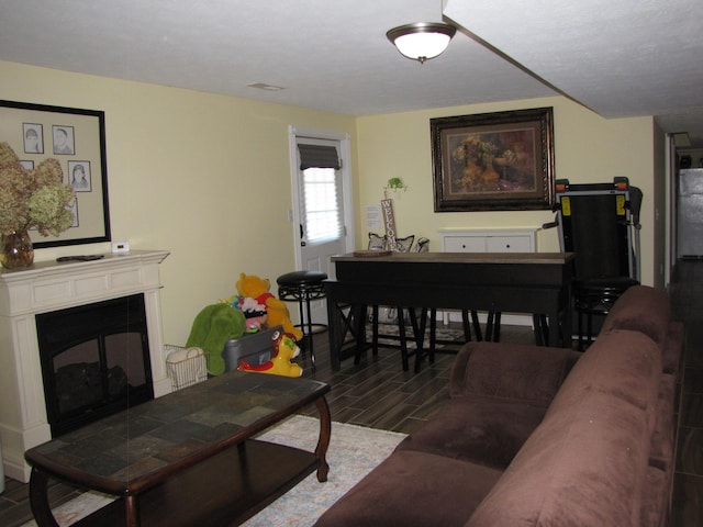 living room with dark hardwood / wood-style flooring