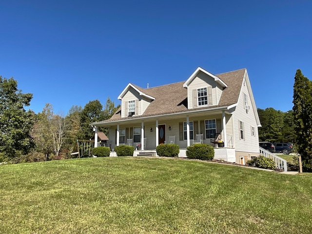 cape cod home featuring a front yard and a porch