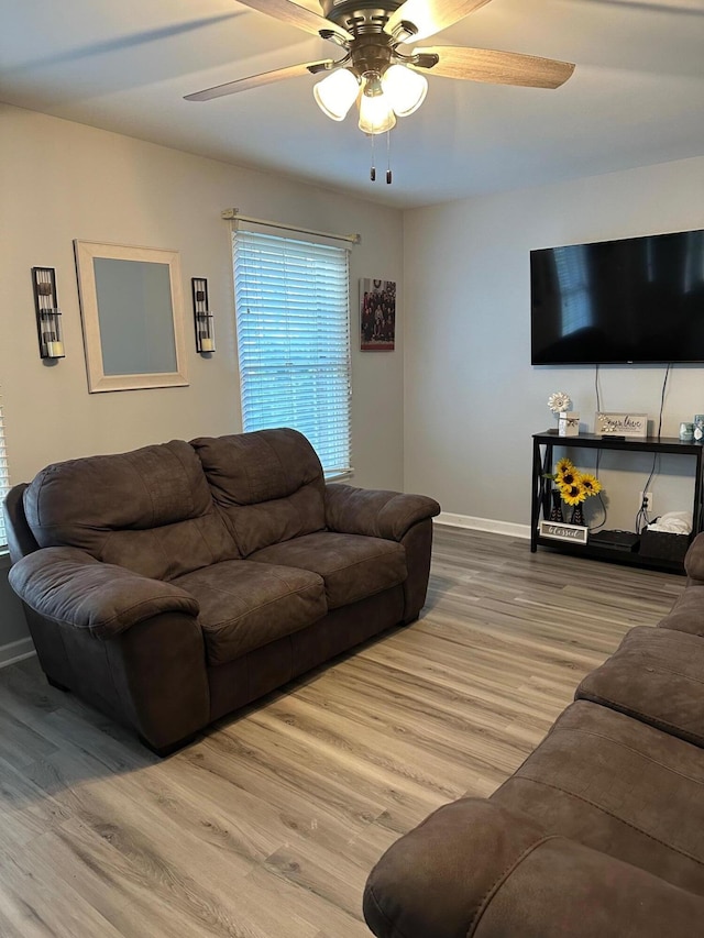 living room featuring ceiling fan and wood-type flooring