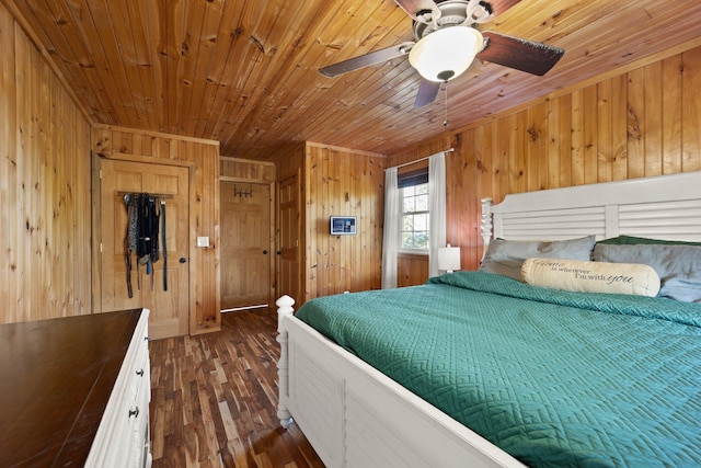 bedroom with wooden ceiling, dark hardwood / wood-style flooring, wooden walls, and ceiling fan