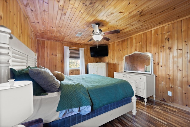 bedroom with ceiling fan, dark wood-type flooring, and wood walls