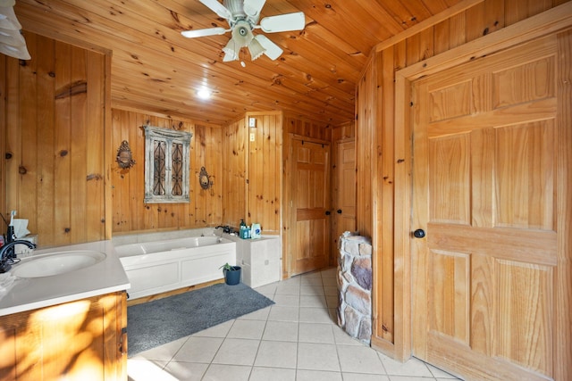 bathroom with vanity, a bathtub, wooden walls, and wooden ceiling