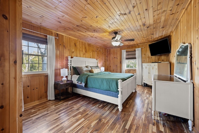 bedroom with ceiling fan, wooden walls, hardwood / wood-style floors, and wooden ceiling