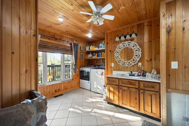 washroom featuring sink, wood walls, independent washer and dryer, and wooden ceiling