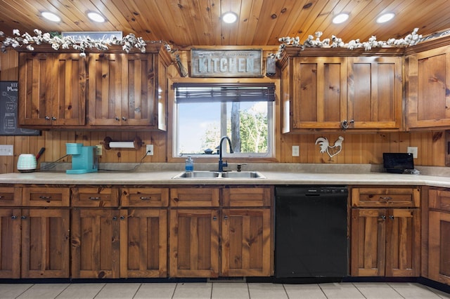 kitchen featuring light tile patterned flooring, black dishwasher, sink, and wooden ceiling