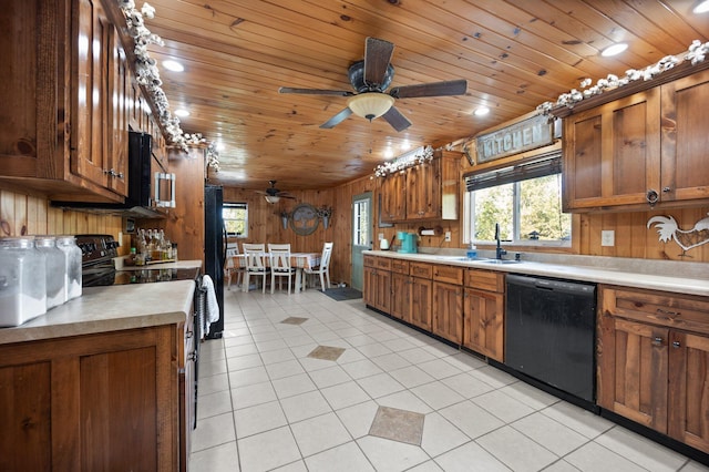 kitchen featuring wood walls, sink, range with electric cooktop, wooden ceiling, and black dishwasher