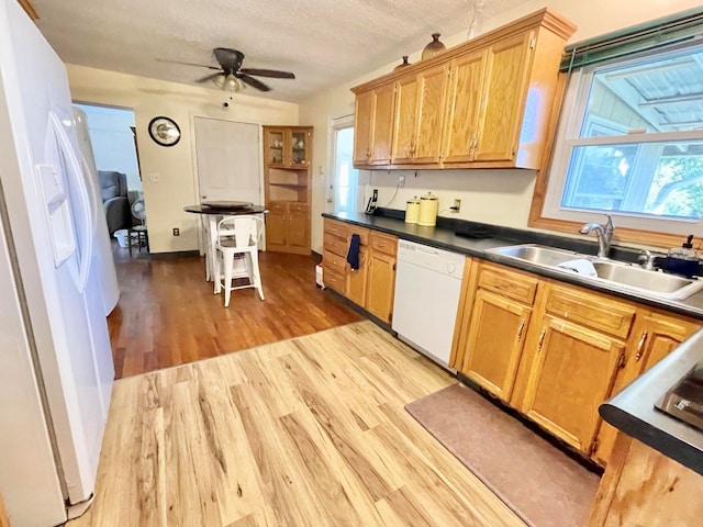 kitchen featuring ceiling fan, white appliances, sink, light hardwood / wood-style floors, and a textured ceiling