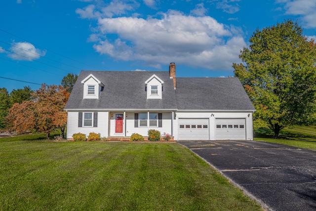 cape cod-style house with a front yard and a garage