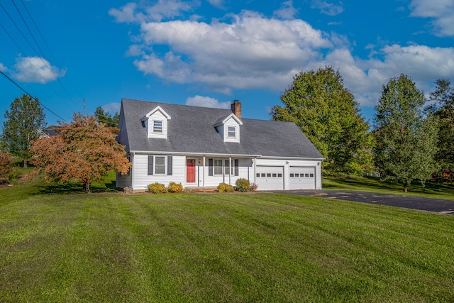 new england style home featuring a garage and a front lawn