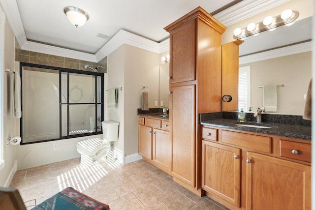 bathroom with vanity and ornamental molding