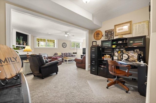 office featuring carpet flooring and ceiling fan