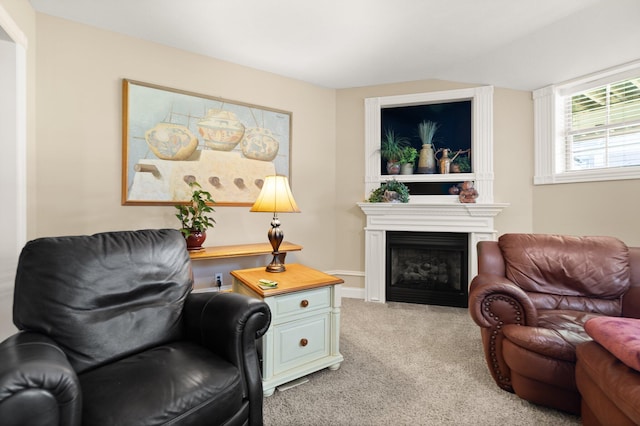 sitting room featuring light carpet