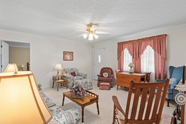 living room with crown molding and light colored carpet