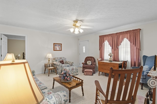 living area featuring crown molding, ceiling fan, carpet, and a textured ceiling