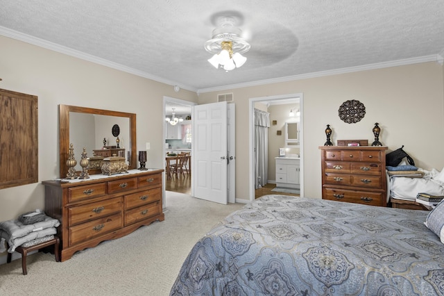 bedroom with light carpet, crown molding, visible vents, and a textured ceiling