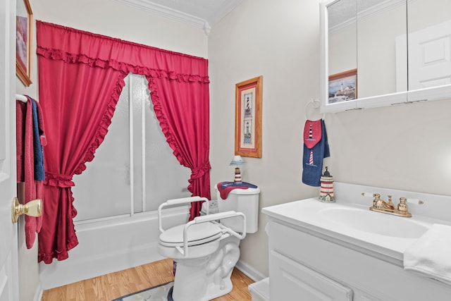 full bathroom with hardwood / wood-style floors, vanity, enclosed tub / shower combo, ornamental molding, and toilet