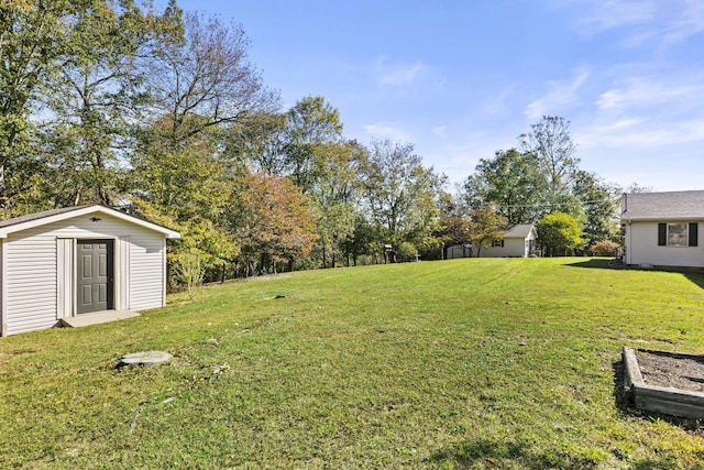 view of yard with an outdoor structure and a shed