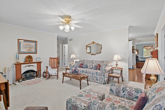 living room with light carpet and ornamental molding