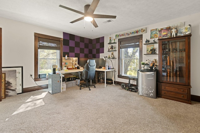 carpeted office space featuring ceiling fan, a textured ceiling, and a healthy amount of sunlight