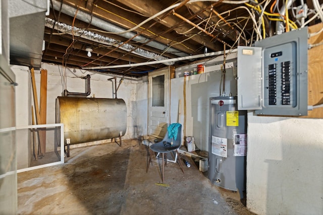 basement with electric panel and electric water heater