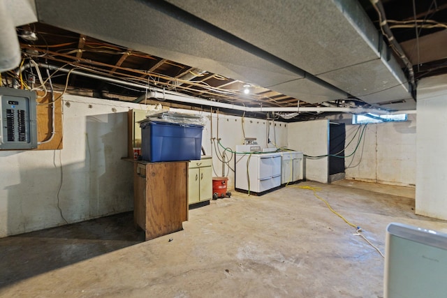 basement with electric panel and independent washer and dryer