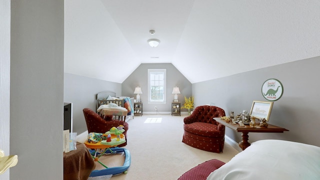 interior space with vaulted ceiling and carpet floors