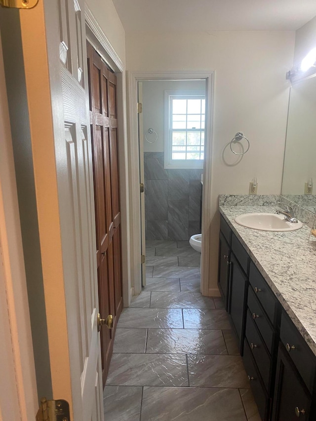 bathroom featuring vanity, walk in shower, and toilet