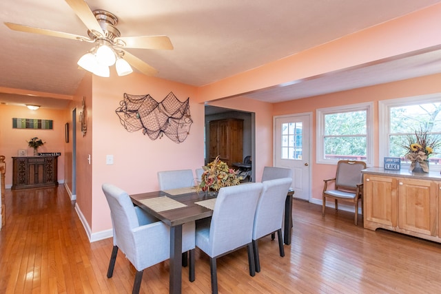 dining space with light wood-type flooring and ceiling fan