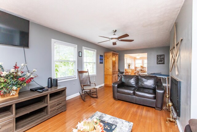 living room featuring ceiling fan, plenty of natural light, and hardwood / wood-style floors