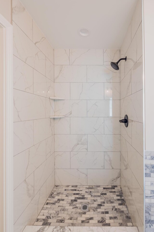 bathroom with independent shower and bath, tile walls, and tile patterned floors