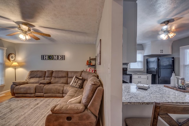 living room featuring a textured ceiling, wood-type flooring, and ceiling fan