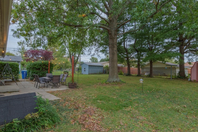 view of yard with a patio area and a shed