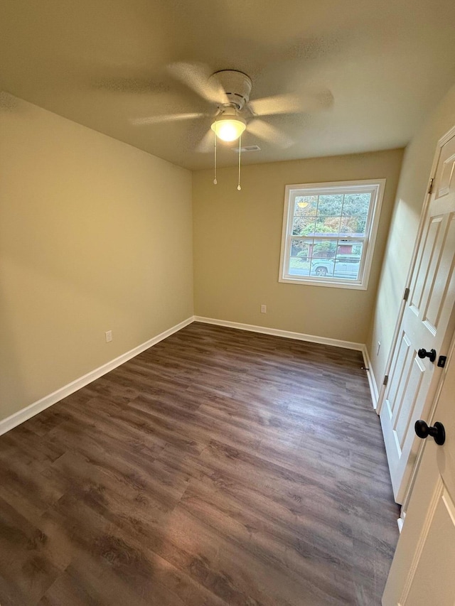 unfurnished room featuring ceiling fan and dark wood-type flooring