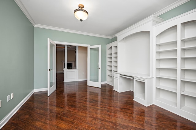 interior space with dark wood-type flooring, french doors, and crown molding