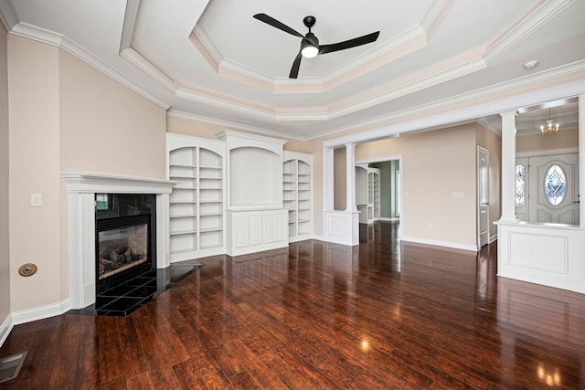 unfurnished living room featuring crown molding and dark hardwood / wood-style flooring