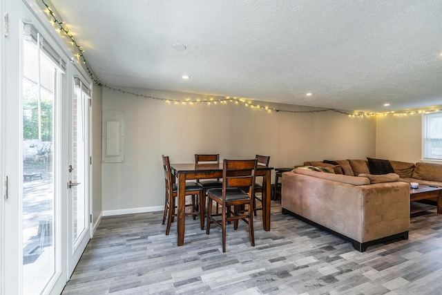 dining area featuring electric panel, light hardwood / wood-style flooring, plenty of natural light, and a textured ceiling