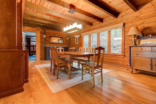 dining space featuring beamed ceiling, wooden walls, light hardwood / wood-style flooring, and wooden ceiling