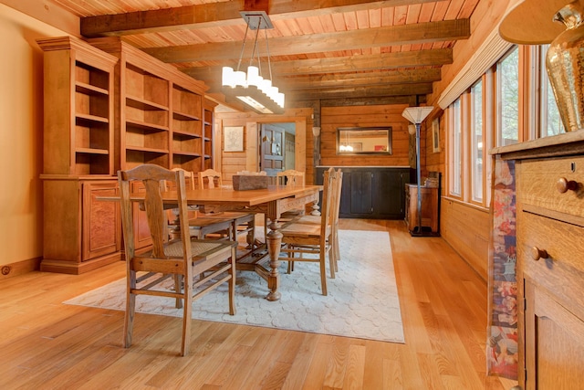 dining area featuring wooden walls, light hardwood / wood-style flooring, beamed ceiling, and wooden ceiling