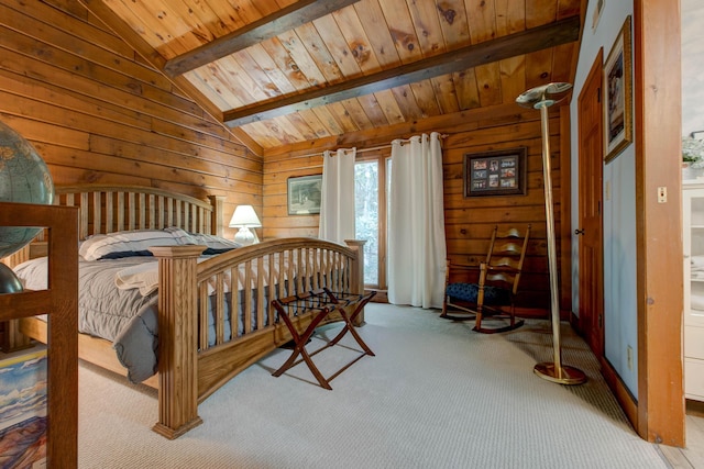 carpeted bedroom featuring lofted ceiling with beams, wood ceiling, and wooden walls