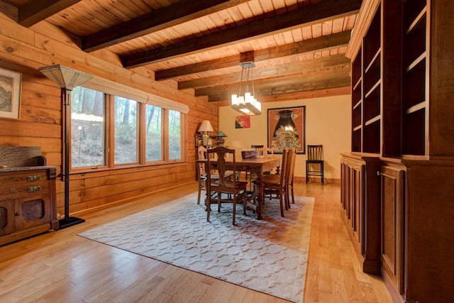 dining space featuring wood walls, beamed ceiling, wood ceiling, and light wood-type flooring