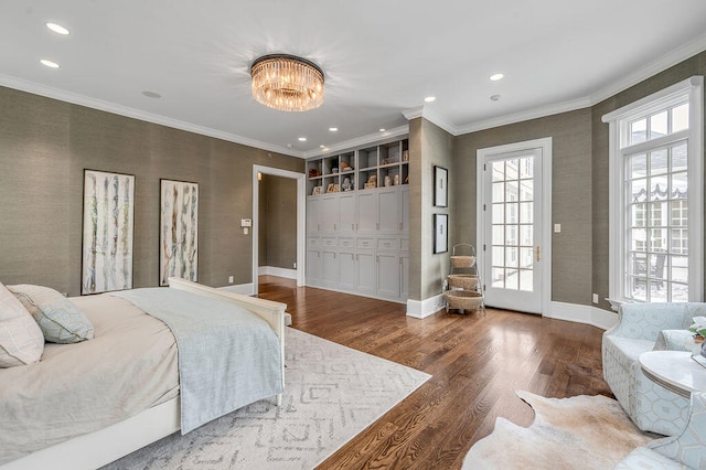 bedroom featuring crown molding and dark hardwood / wood-style floors