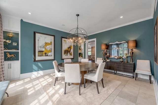 tiled dining area featuring crown molding, an inviting chandelier, and built in shelves