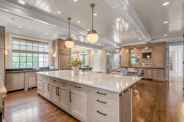 kitchen featuring a spacious island, sink, decorative light fixtures, and dark hardwood / wood-style floors