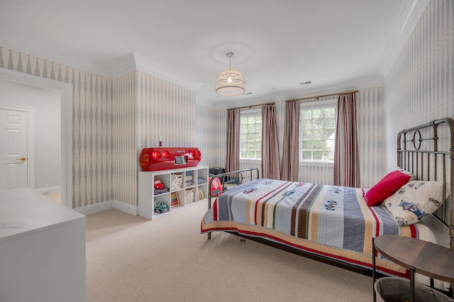 carpeted bedroom with crown molding