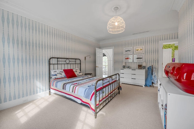 bedroom with light carpet and ornamental molding