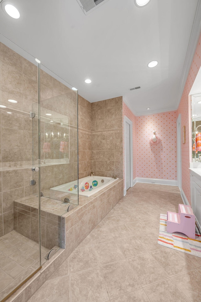 bathroom with vanity, ornamental molding, tile patterned floors, and separate shower and tub