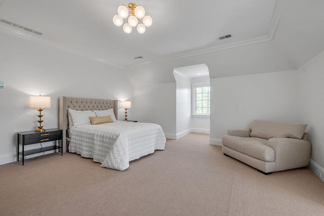 bedroom featuring vaulted ceiling, ornamental molding, and carpet floors